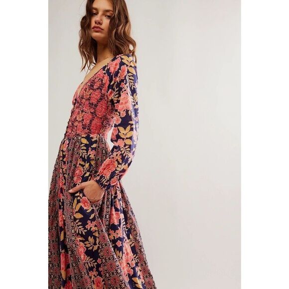 New Free People A New Way Maxi Dress in Navy Combo Size Small - Picture 4 of 10